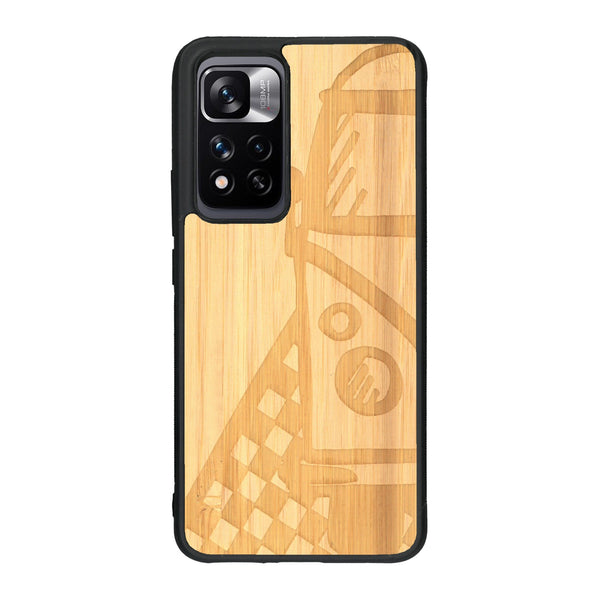 Coque de protection en bois véritable fabriquée en France pour Xiaomi Redmi Note 11 5G sur le thème du voyage avec un van combi