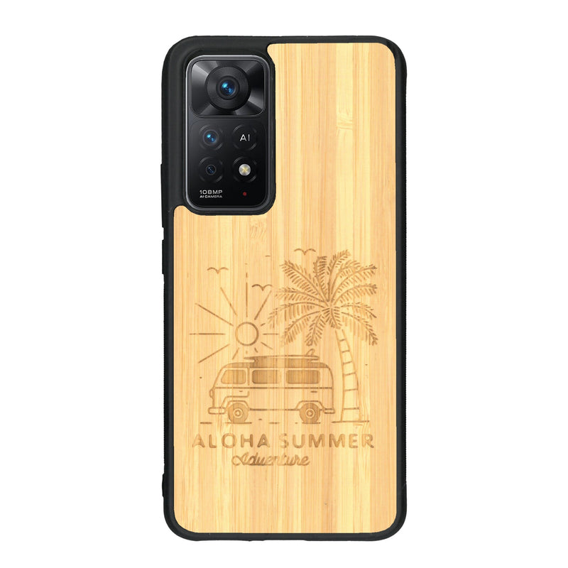 Coque de protection en bois véritable fabriquée en France pour Xiaomi Redmi Note 11 Pro sur le thème de la plage, de l'été et vanlife.