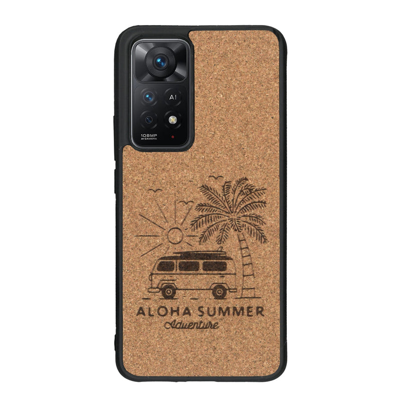 Coque de protection en bois véritable fabriquée en France pour Xiaomi Redmi Note 11 Pro sur le thème de la plage, de l'été et vanlife.