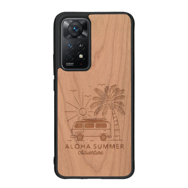 Coque de protection en bois véritable fabriquée en France pour Xiaomi Redmi Note 11 Pro sur le thème de la plage, de l'été et vanlife.