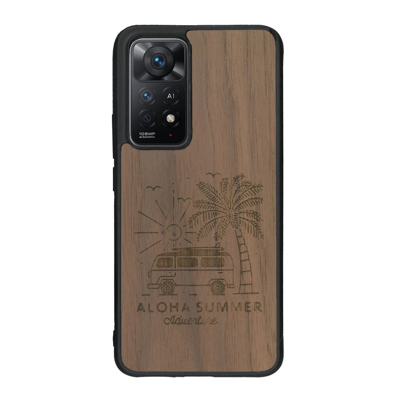 Coque de protection en bois véritable fabriquée en France pour Xiaomi Redmi Note 11 Pro sur le thème de la plage, de l'été et vanlife.