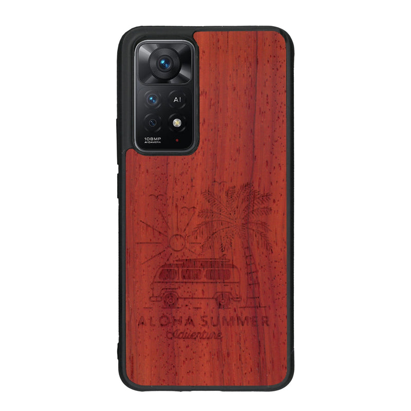 Coque de protection en bois véritable fabriquée en France pour Xiaomi Redmi Note 11 Pro sur le thème de la plage, de l'été et vanlife.