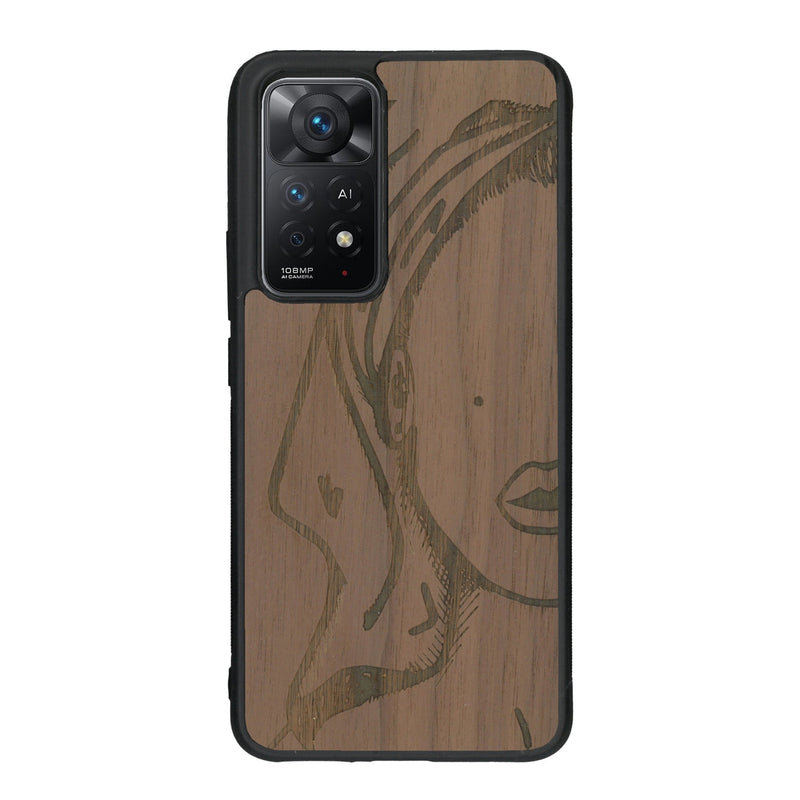 Coque de protection en bois véritable fabriquée en France pour Xiaomi Redmi Note 11 Pro représentant une silhouette féminine épurée de type line art en collaboration avec l'artiste Maud Dabs