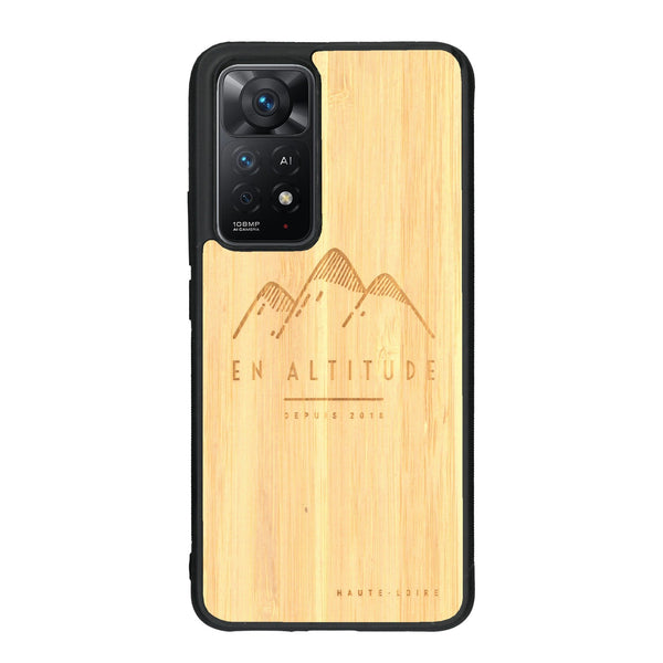 Coque de protection en bois véritable fabriquée en France pour Xiaomi Redmi Note 11 Pro représentant des montagnes, sur le thème de la randonnée en pleine nature et du trail