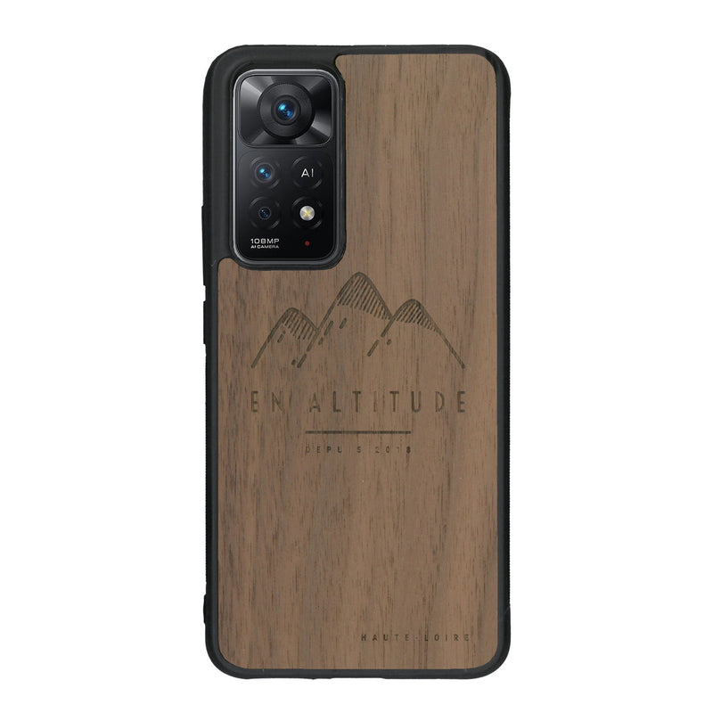 Coque de protection en bois véritable fabriquée en France pour Xiaomi Redmi Note 11 Pro représentant des montagnes, sur le thème de la randonnée en pleine nature et du trail