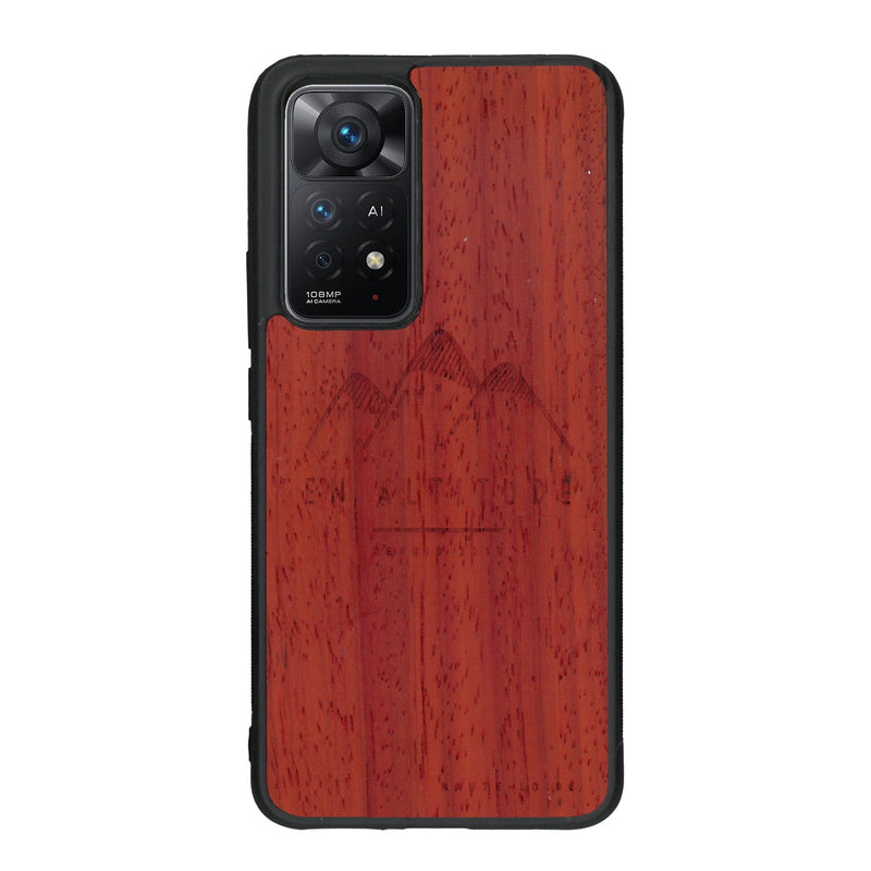 Coque de protection en bois véritable fabriquée en France pour Xiaomi Redmi Note 11 Pro représentant des montagnes, sur le thème de la randonnée en pleine nature et du trail