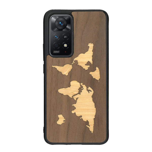 Coque de protection en bois véritable fabriquée en France pour Xiaomi Redmi Note 11 Pro alliant du bambou et du noyer sur le thème du voyage et de l'aventure représentant une mappemonde