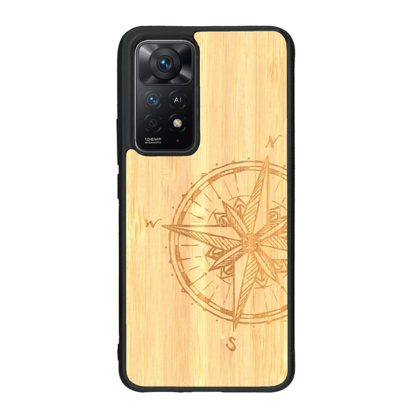 Coque de protection en bois véritable fabriquée en France pour Xiaomi Redmi Note 11 Pro avec une gravure "rose des vents" sur le thème nautique et de l'océan qui s'inspire des boussoles de pirate