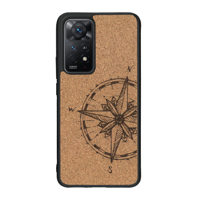 Coque de protection en bois véritable fabriquée en France pour Xiaomi Redmi Note 11 Pro avec une gravure "rose des vents" sur le thème nautique et de l'océan qui s'inspire des boussoles de pirate