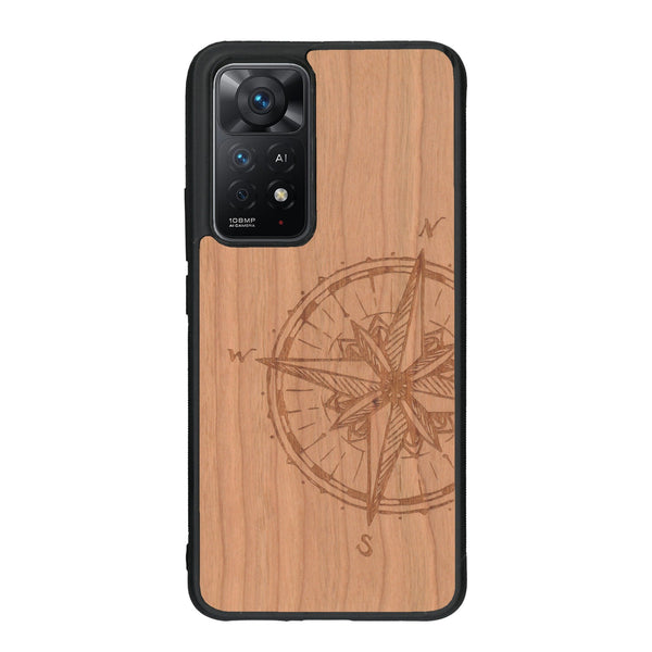 Coque de protection en bois véritable fabriquée en France pour Xiaomi Redmi Note 11 Pro avec une gravure "rose des vents" sur le thème nautique et de l'océan qui s'inspire des boussoles de pirate