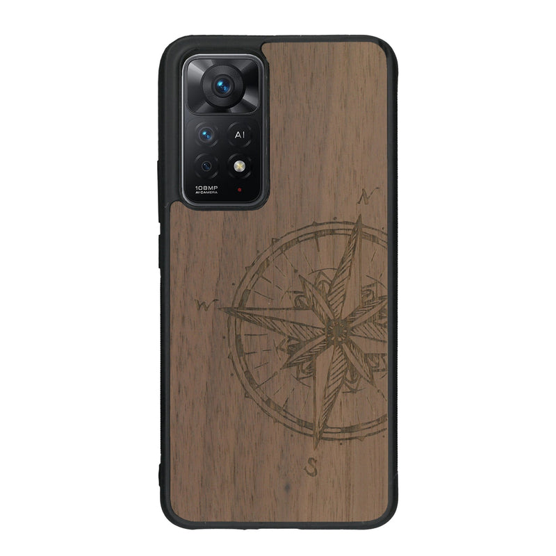 Coque de protection en bois véritable fabriquée en France pour Xiaomi Redmi Note 11 Pro avec une gravure "rose des vents" sur le thème nautique et de l'océan qui s'inspire des boussoles de pirate