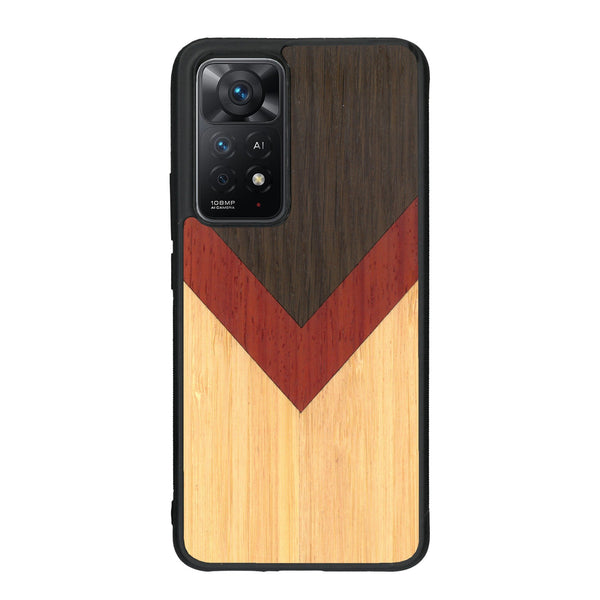 Coque de protection en bois véritable fabriquée en France pour Xiaomi Redmi Note 11 Pro alliant du chêne fumé, du padouk et du bambou en forme de chevron sur le thème de l'art abstrait