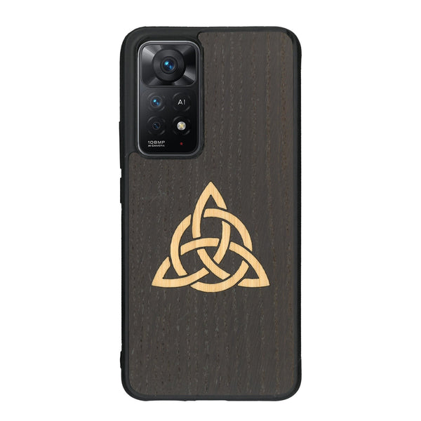 Coque de protection en bois véritable fabriquée en France pour Xiaomi Redmi Note 11 Pro alliant du chêne fumé et du bambou représentant une triquetra