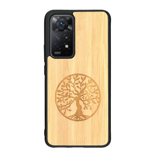 Coque de protection en bois véritable fabriquée en France pour Xiaomi Redmi Note 11 Pro sur le thème de la spiritualité et du yoga avec une gravure zen représentant un arbre de vie