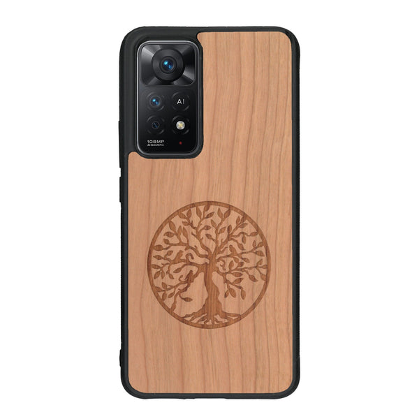 Coque de protection en bois véritable fabriquée en France pour Xiaomi Redmi Note 11 Pro sur le thème de la spiritualité et du yoga avec une gravure zen représentant un arbre de vie