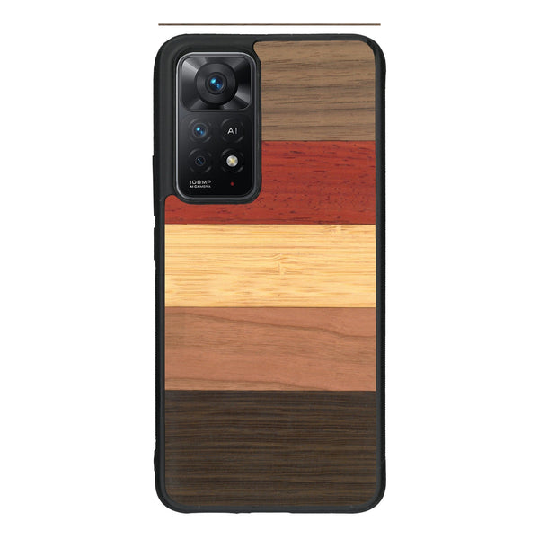 Coque de protection en bois véritable fabriquée en France pour Xiaomi Redmi Note 11 Pro alliant des bandes horizontales de bambou, merisier, padouk, noyer et chêne fumé