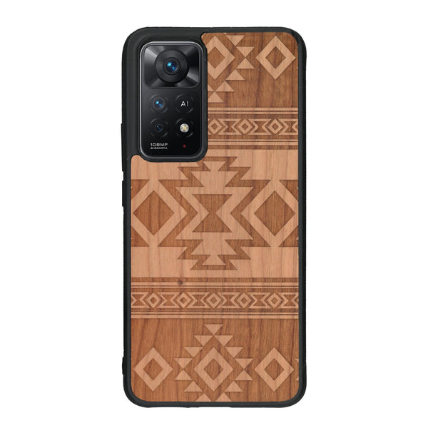 Coque de protection en bois véritable fabriquée en France pour Xiaomi Redmi Note 11 Pro avec des motifs géométriques s'inspirant des temples aztèques, mayas et incas