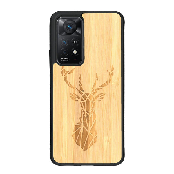 Coque de protection en bois véritable fabriquée en France pour Xiaomi Redmi Note 11 Pro sur le thème de la nature et des animaux représentant une tête de cerf gométrique avec un design moderne et minimaliste