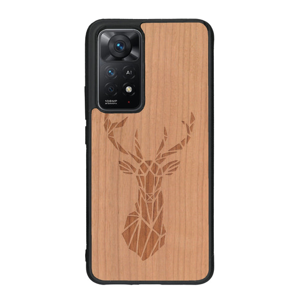 Coque de protection en bois véritable fabriquée en France pour Xiaomi Redmi Note 11 Pro sur le thème de la nature et des animaux représentant une tête de cerf gométrique avec un design moderne et minimaliste