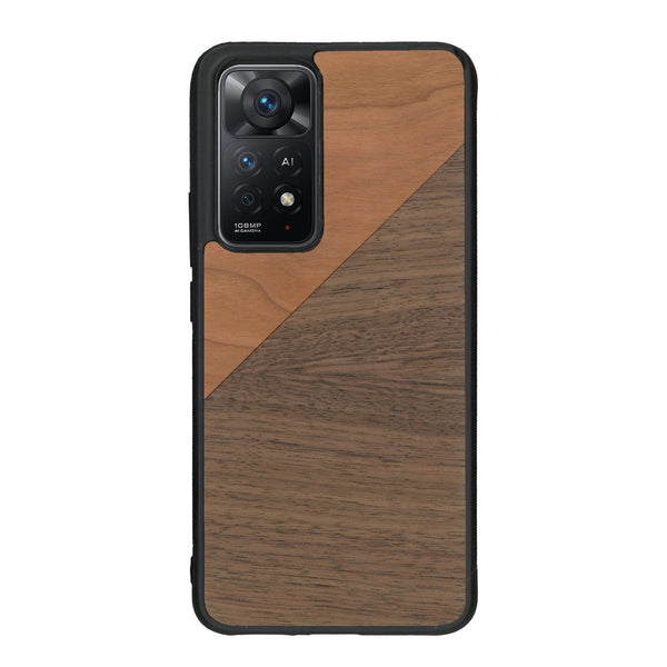 Coque de protection en bois véritable fabriquée en France pour Xiaomi Redmi Note 11 Pro alliant du merisier et du noyer formant chacun un triangle avec une jointure en diagonale sur le thème de l'art abstrait