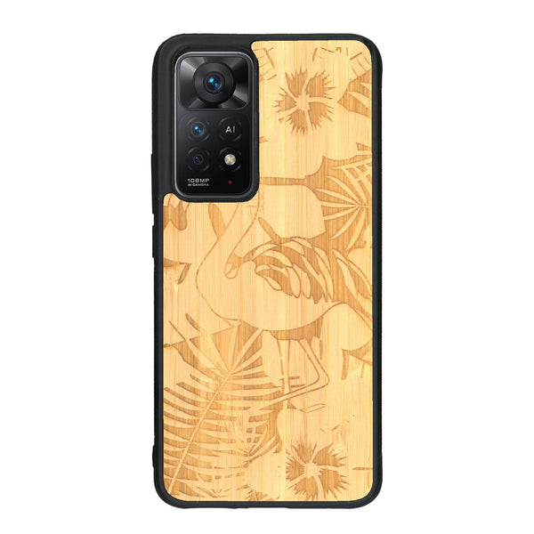 Coque de protection en bois véritable fabriquée en France pour Xiaomi Redmi Note 11 Pro sur le thème de la nature et des animaux représentant un flamant rose entre des fougères