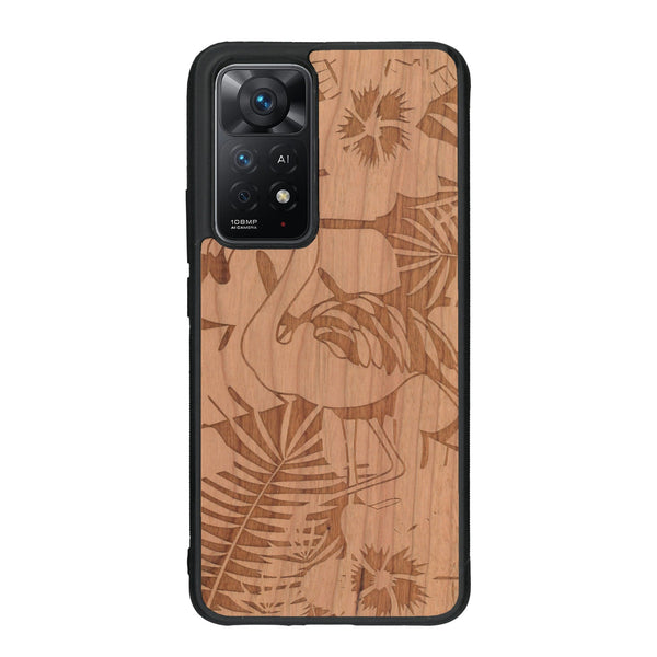 Coque de protection en bois véritable fabriquée en France pour Xiaomi Redmi Note 11 Pro sur le thème de la nature et des animaux représentant un flamant rose entre des fougères