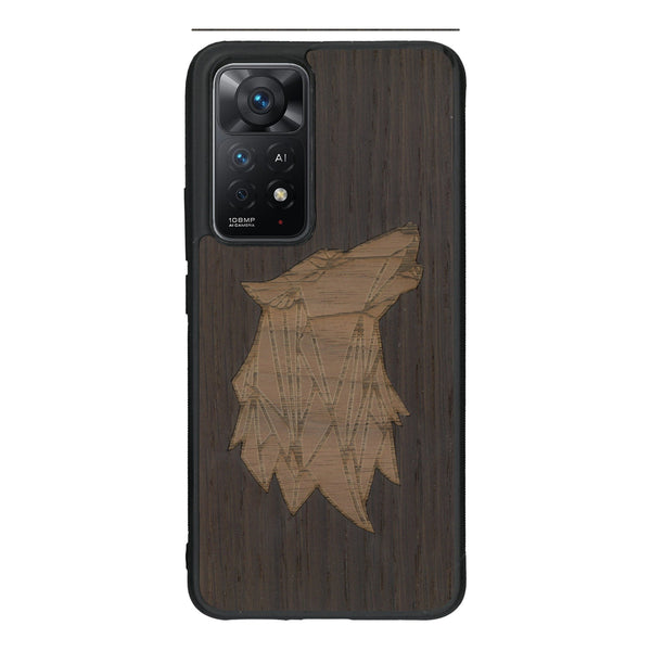 Coque de protection en bois véritable fabriquée en France pour Xiaomi Redmi Note 11 Pro alliant du chêne fumé et du noyer représentant une tête de loup géométrique de profil sur le thème des animaux et de la nature