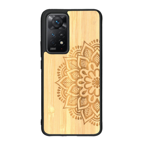 Coque de protection en bois véritable fabriquée en France pour Xiaomi Redmi Note 11 Pro sur le thème de la bohème et du tatouage au henné avec une gravure représentant un mandala