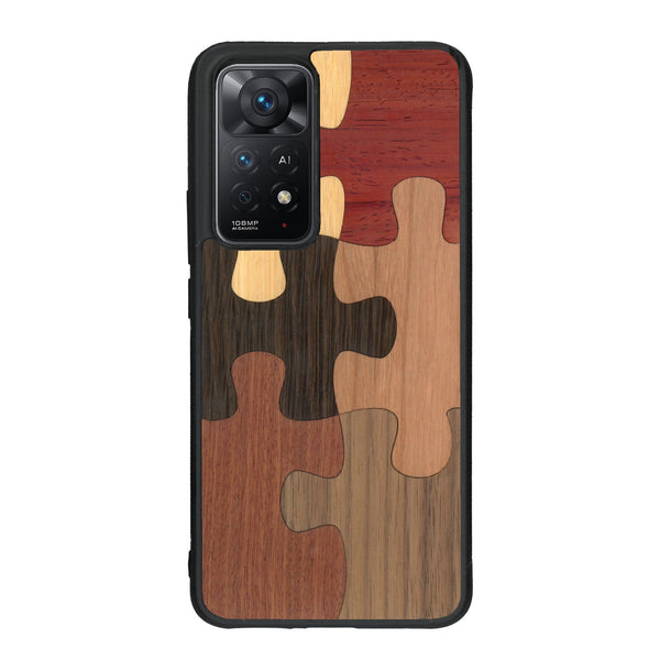 Coque de protection en bois véritable fabriquée en France pour Xiaomi Redmi Note 11 Pro représentant un puzzle en six pièces qui allie du chêne fumé, du noyer, du bambou, du padouk, du merisier et de l'acajou