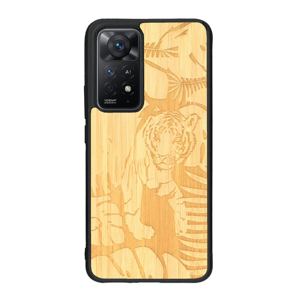 Coque de protection en bois véritable fabriquée en France pour Xiaomi Redmi Note 11 Pro sur le thème de la nature et des animaux représentant un tigre dans la jungle entre des fougères