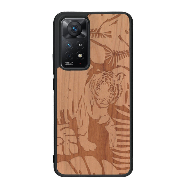 Coque de protection en bois véritable fabriquée en France pour Xiaomi Redmi Note 11 Pro sur le thème de la nature et des animaux représentant un tigre dans la jungle entre des fougères