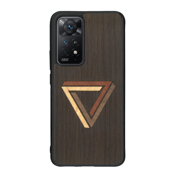 Coque de protection en bois véritable fabriquée en France pour Xiaomi Redmi Note 11 Pro sur le thème de l'art géométrique qui allie du chêne fumé, du noyer, du bambou et du padouk représentant le triangle de penrose