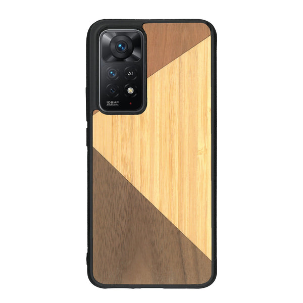 Coque de protection en bois véritable fabriquée en France pour Xiaomi Redmi Note 11 Pro alliant du merisier, du noyer et du bambou formant chacun deux triangles et un trapèze avec deux jointures en diagonale sur le thème de l'art abstrait