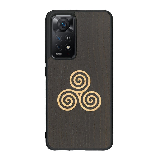 Coque de protection en bois véritable fabriquée en France pour Xiaomi Redmi Note 11 Pro alliant du chêne fumé et du bambou et doré représentant un triskell