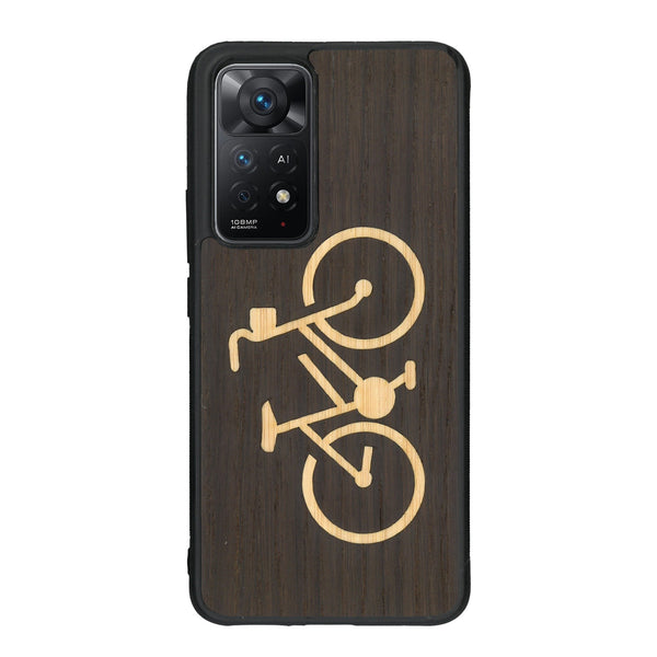 Coque de protection en bois véritable fabriquée en France pour Xiaomi Redmi Note 11 Pro sur le theme du vélo et de l'outdoor qui allie du bambou et du chêne fumé représentant un vélo