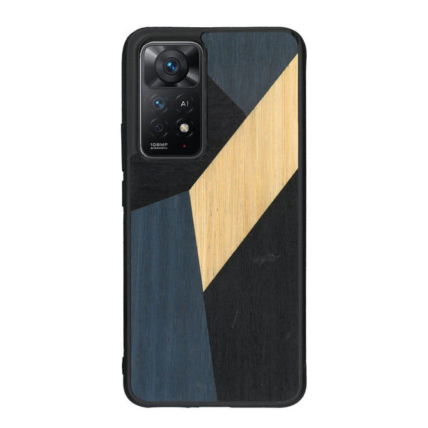 Coque de protection en bois véritable fabriquée en France pour Xiaomi Redmi Note 11 Pro alliant du bambou, du tulipier bleu et noir en forme de mosaïque minimaliste sur le thème de l'art abstrait