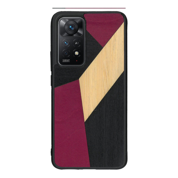 Coque de protection en bois véritable fabriquée en France pour Xiaomi Redmi Note 11 Pro alliant du bambou, du tulipier rose et noir en forme de mosaïque minimaliste sur le thème de l'art abstrait