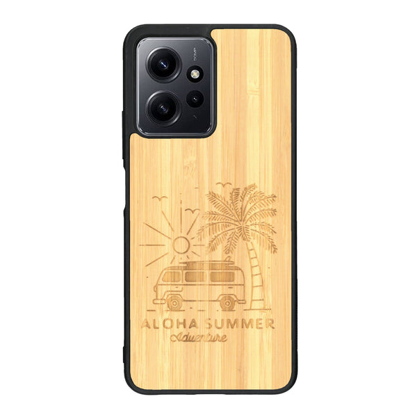 Coque de protection en bois véritable fabriquée en France pour Xiaomi Redmi Note 12 sur le thème de la plage, de l'été et vanlife.