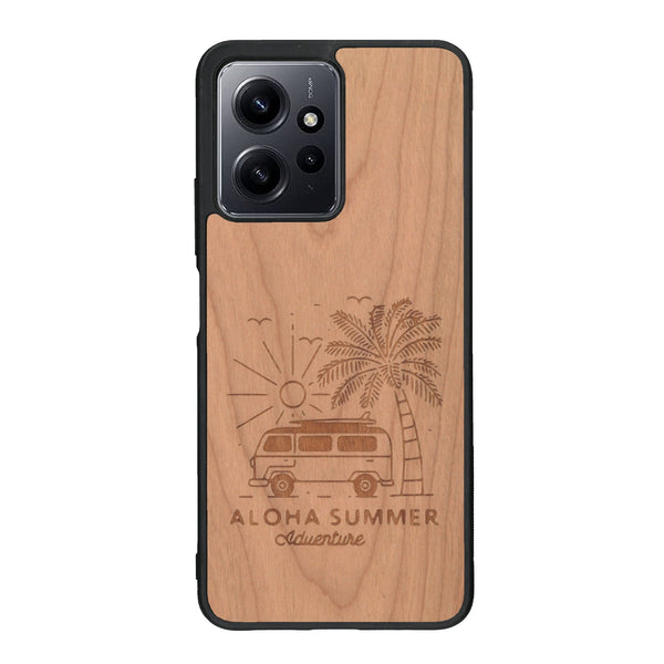 Coque de protection en bois véritable fabriquée en France pour Xiaomi Redmi Note 12 sur le thème de la plage, de l'été et vanlife.