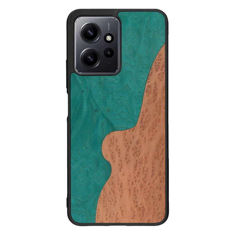 Coque de protection en bois véritable fabriquée en France pour Xiaomi Redmi Note 12 alliant plusieurs essences de bois pour représenter une plage paradisiaque