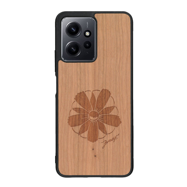 Coque de protection en bois véritable fabriquée en France pour Xiaomi Redmi Note 12 sur le thème des fleurs et de la montagne avec un motif de gravure représentant les pétales d'une fleur des montagnes