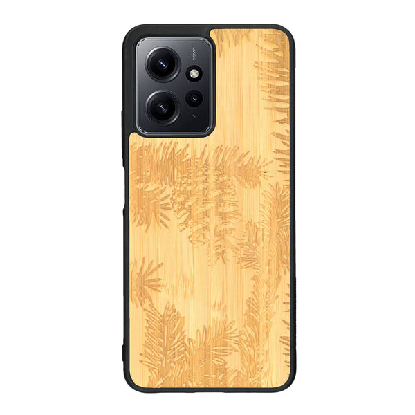 Coque de protection en bois véritable fabriquée en France pour Xiaomi Redmi Note 12 sur le thème de la nature des arbres avec un motif de gravure représentant des épines de sapin et des pommes de pin