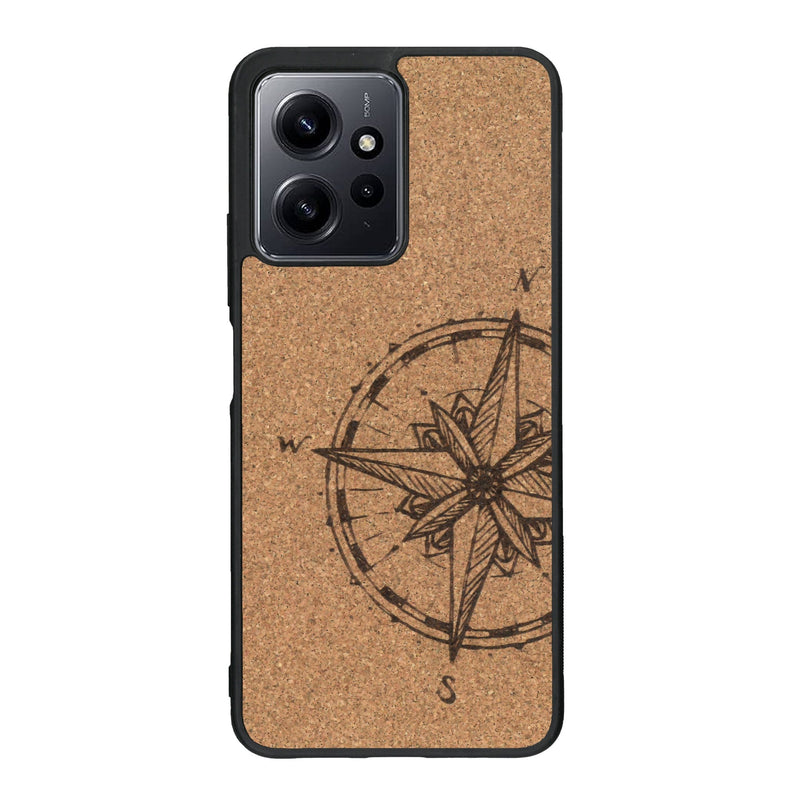 Coque de protection en bois véritable fabriquée en France pour Xiaomi Redmi Note 12 avec une gravure "rose des vents" sur le thème nautique et de l'océan qui s'inspire des boussoles de pirate