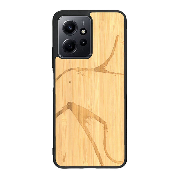 Coque de protection en bois véritable fabriquée en France pour Xiaomi Redmi Note 12 représentant une silhouette féminine dessinée à la main par l'artiste Maud Dabs