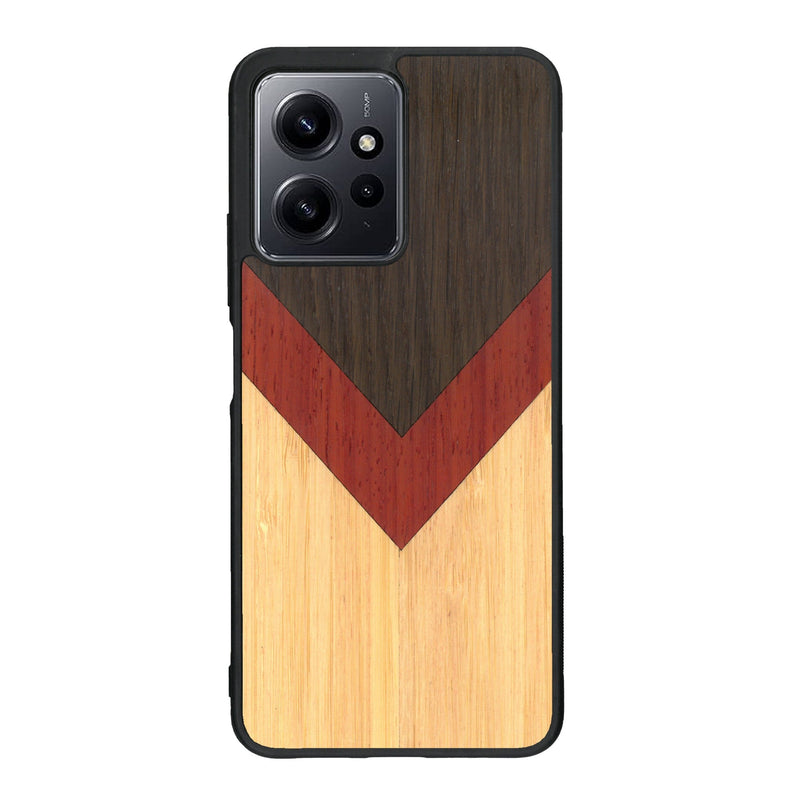 Coque de protection en bois véritable fabriquée en France pour Xiaomi Redmi Note 12 alliant du chêne fumé, du padouk et du bambou en forme de chevron sur le thème de l'art abstrait