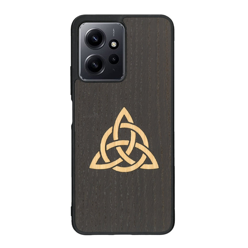 Coque de protection en bois véritable fabriquée en France pour Xiaomi Redmi Note 12 alliant du chêne fumé et du bambou représentant une triquetra