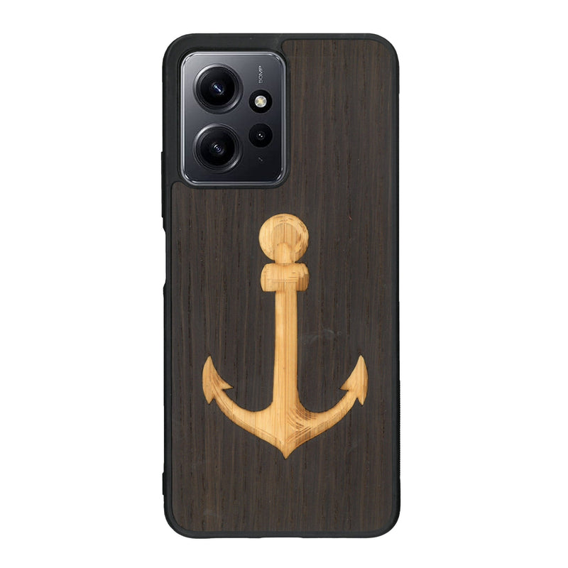 Coque de protection en bois véritable fabriquée en France pour Xiaomi Redmi Note 12 sur le thème nautique avec un bois clair et un bois foncé représentant une ancre de bateau