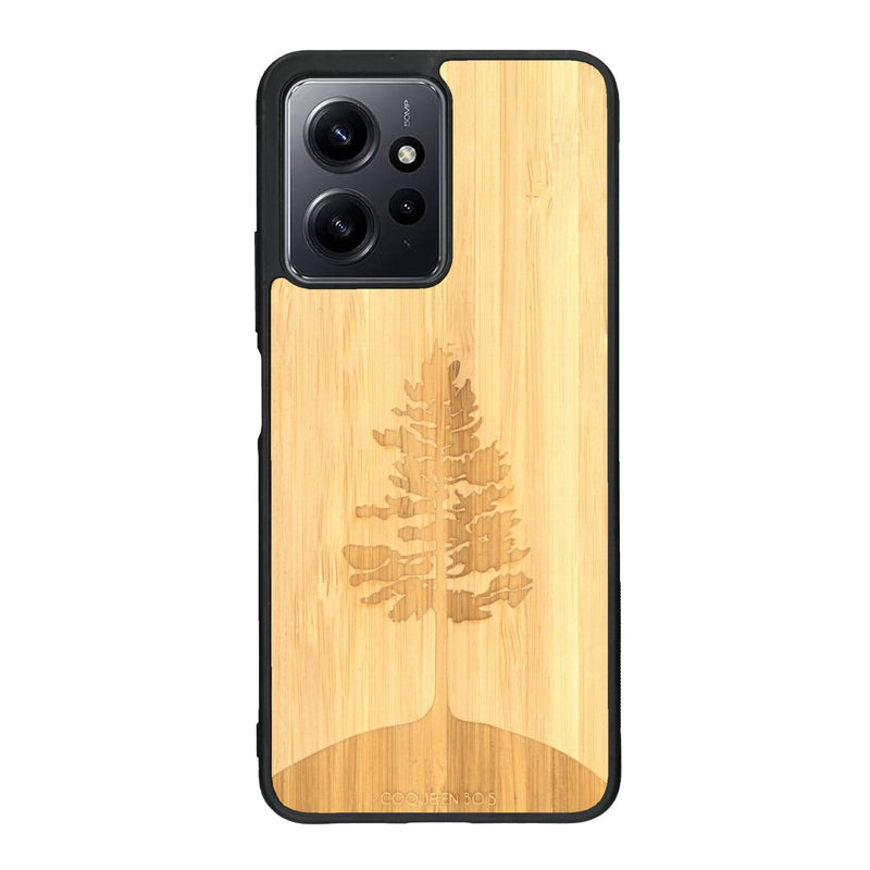 Coque de protection en bois véritable fabriquée en France pour Xiaomi Redmi Note 12 sur le thème de la nature, de la fôret et de l'écoresponsabilité avec une gravure représentant un arbre 