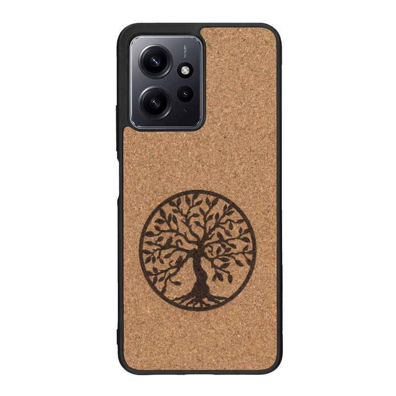 Coque de protection en bois véritable fabriquée en France pour Xiaomi Redmi Note 12 sur le thème de la spiritualité et du yoga avec une gravure zen représentant un arbre de vie