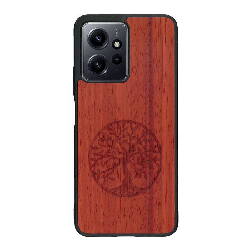 Coque de protection en bois véritable fabriquée en France pour Xiaomi Redmi Note 12 sur le thème de la spiritualité et du yoga avec une gravure zen représentant un arbre de vie